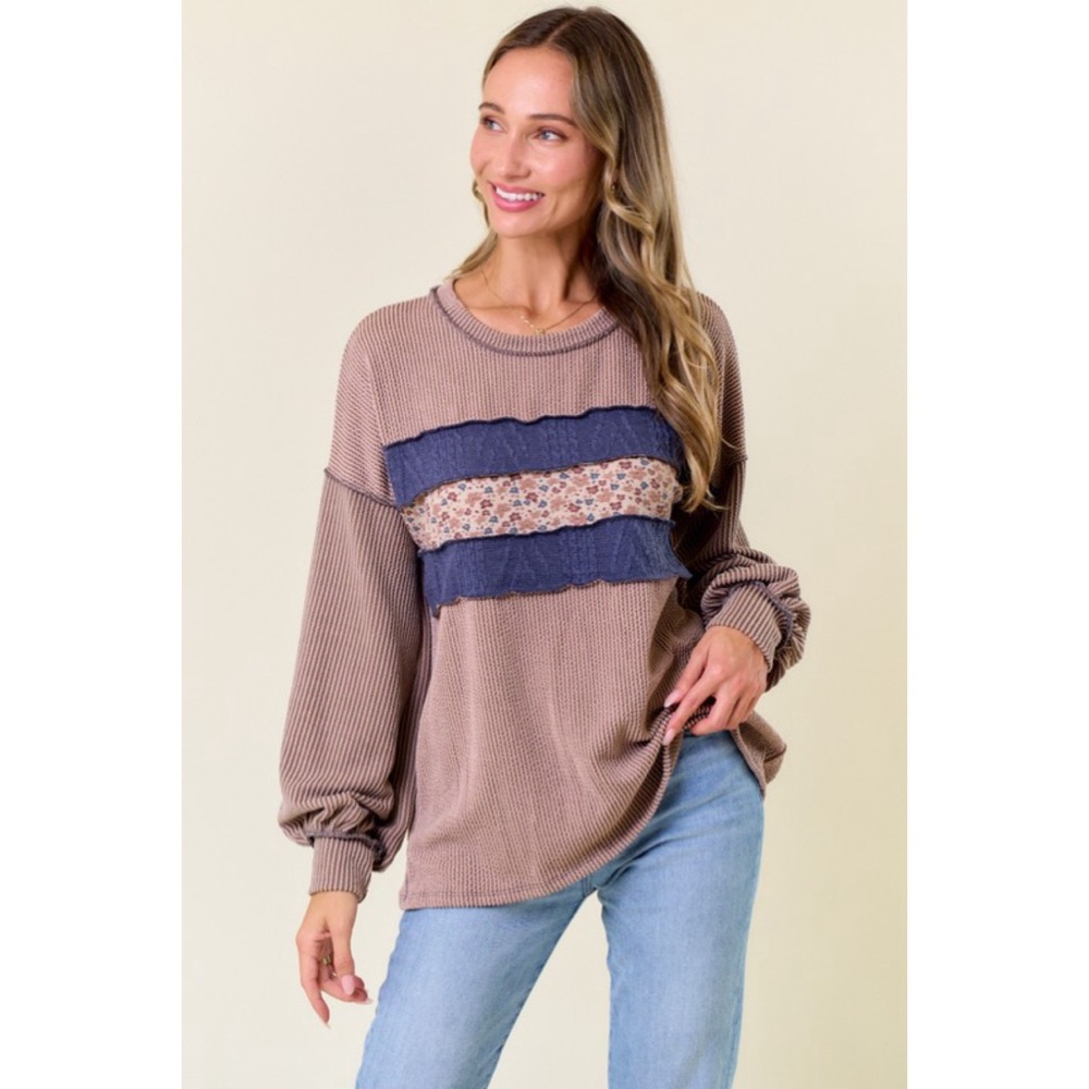 NEW! Taupe & Blue Floral Detail Soft Ribbed Knot Top!